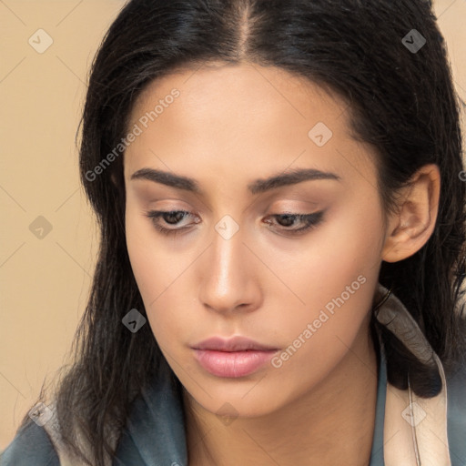 Neutral asian young-adult female with long  brown hair and brown eyes