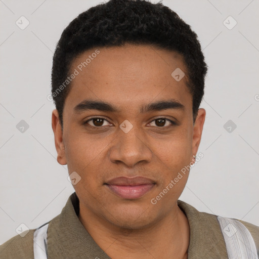 Joyful black young-adult male with short  black hair and brown eyes