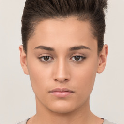 Neutral white young-adult female with short  brown hair and brown eyes