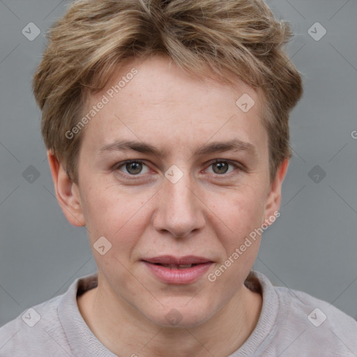 Joyful white adult female with short  brown hair and grey eyes