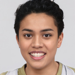 Joyful latino young-adult female with short  brown hair and brown eyes