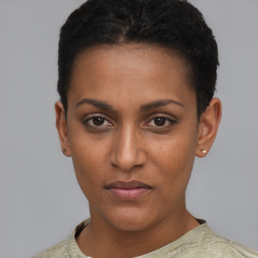 Neutral black young-adult female with short  brown hair and brown eyes