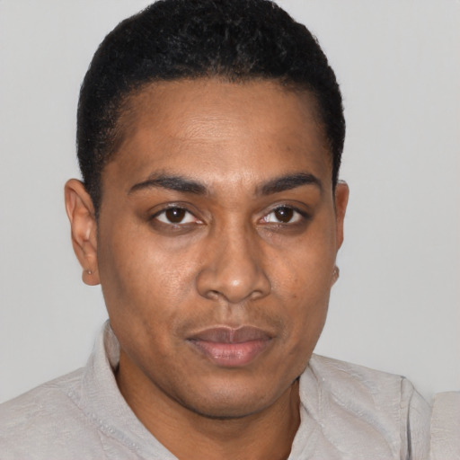 Neutral black young-adult male with short  black hair and brown eyes