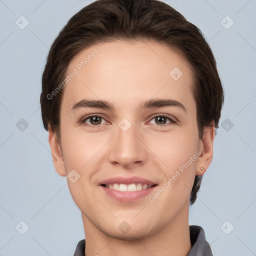 Joyful white young-adult female with short  brown hair and brown eyes