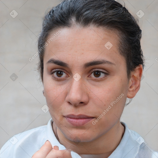 Neutral white young-adult female with short  brown hair and brown eyes