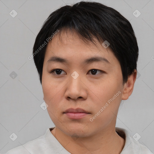 Neutral asian young-adult male with short  black hair and brown eyes