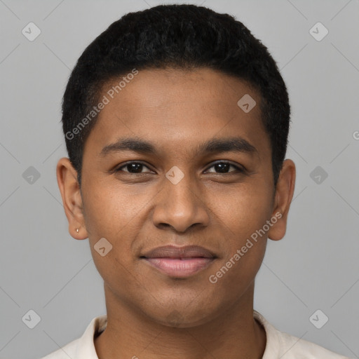 Joyful black young-adult male with short  black hair and brown eyes