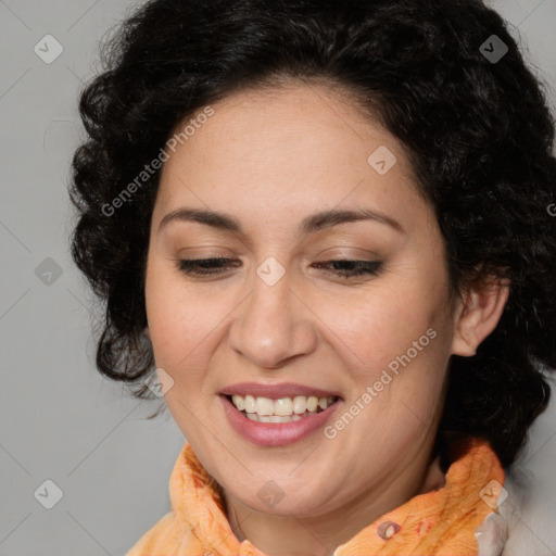 Joyful white adult female with long  brown hair and brown eyes