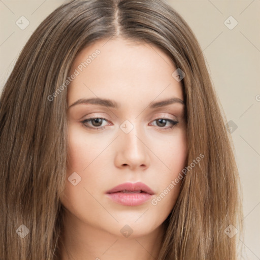 Neutral white young-adult female with long  brown hair and brown eyes