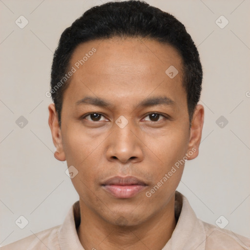 Neutral asian young-adult male with short  black hair and brown eyes