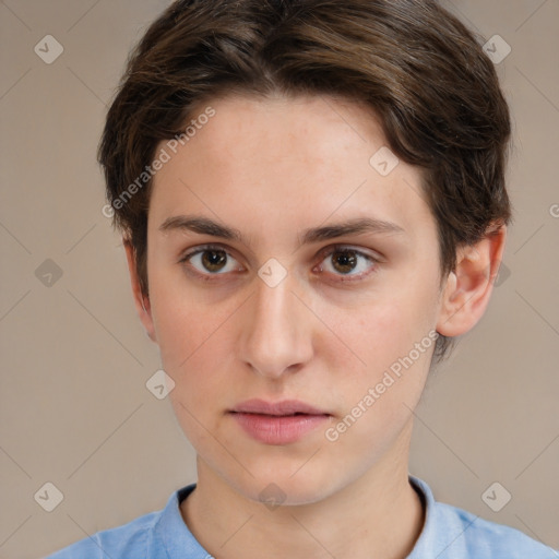 Neutral white young-adult female with short  brown hair and brown eyes