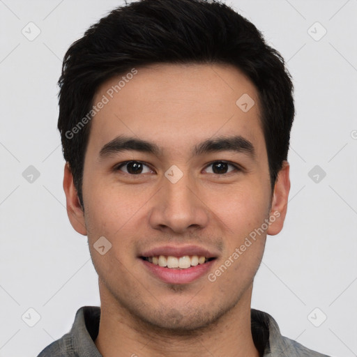 Joyful asian young-adult male with short  black hair and brown eyes