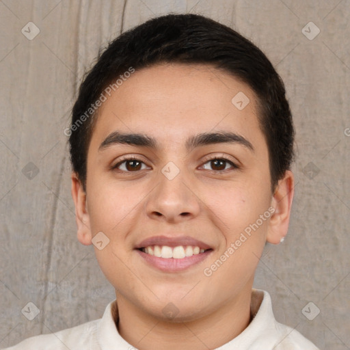 Joyful white young-adult female with short  brown hair and brown eyes