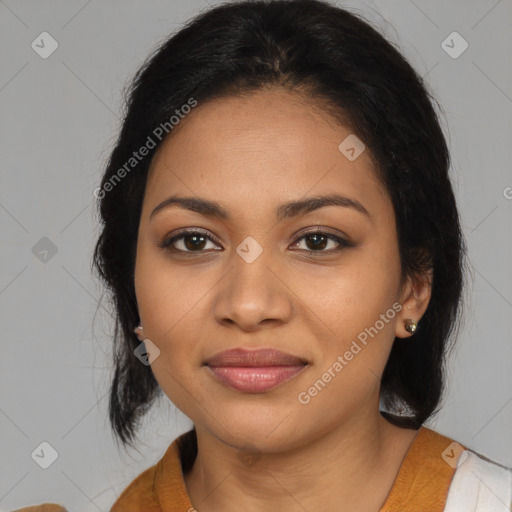 Joyful latino young-adult female with medium  black hair and brown eyes