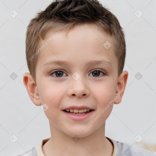 Joyful white child male with short  brown hair and brown eyes