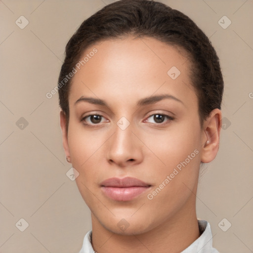 Neutral white young-adult female with short  brown hair and brown eyes