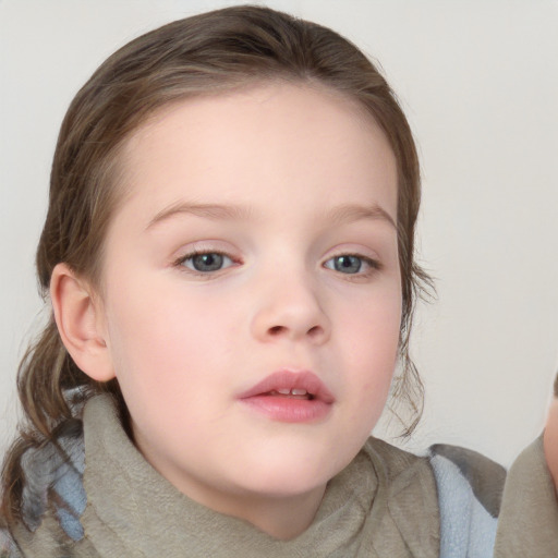 Neutral white child female with medium  brown hair and blue eyes