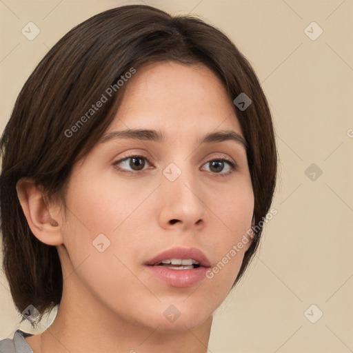 Neutral white young-adult female with medium  brown hair and brown eyes