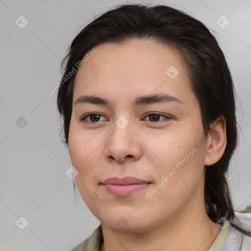 Joyful white young-adult female with medium  brown hair and brown eyes