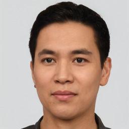 Neutral asian young-adult male with short  black hair and brown eyes