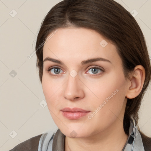 Neutral white young-adult female with medium  brown hair and grey eyes