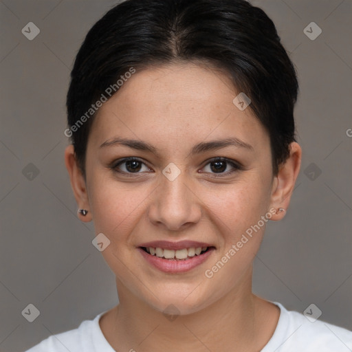Joyful white young-adult female with short  brown hair and brown eyes