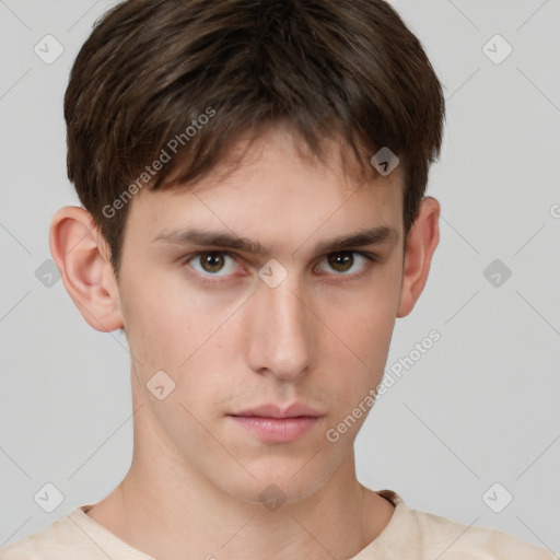 Neutral white young-adult male with short  brown hair and brown eyes