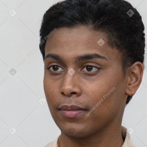 Neutral black young-adult male with short  black hair and brown eyes