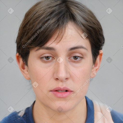 Neutral white young-adult female with short  brown hair and brown eyes