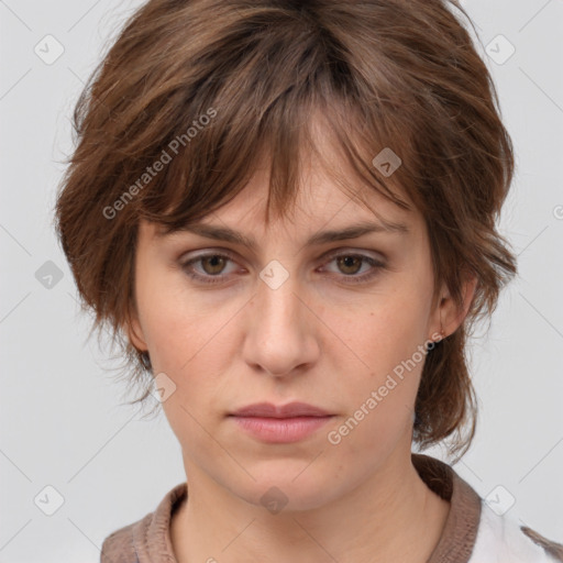 Neutral white young-adult female with medium  brown hair and brown eyes