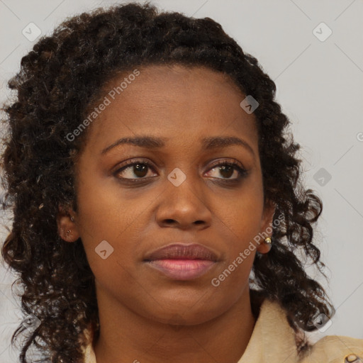 Neutral black young-adult female with medium  brown hair and brown eyes