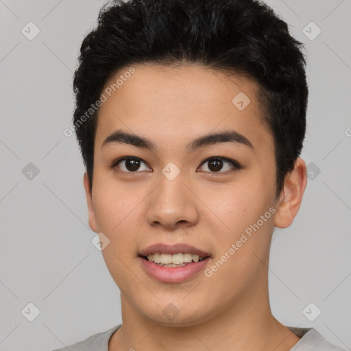 Joyful latino young-adult female with short  brown hair and brown eyes