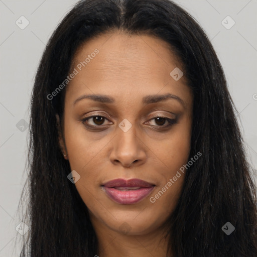 Joyful asian young-adult female with long  brown hair and brown eyes