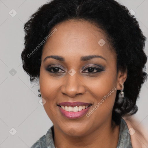 Joyful latino young-adult female with long  black hair and brown eyes