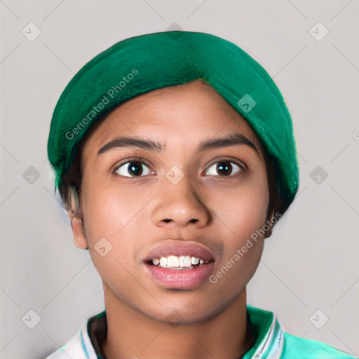 Joyful latino young-adult female with short  black hair and brown eyes