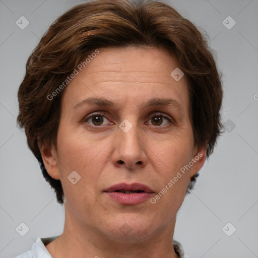 Joyful white adult female with short  brown hair and grey eyes