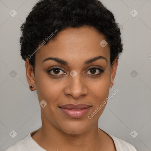 Joyful latino young-adult female with short  black hair and brown eyes