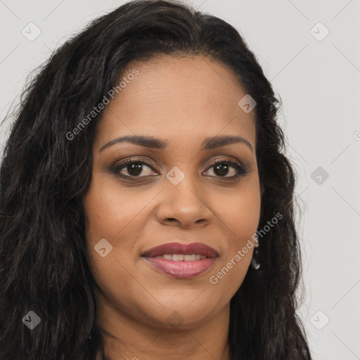 Joyful latino young-adult female with long  brown hair and brown eyes