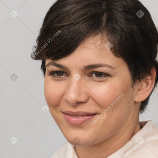 Joyful white adult female with medium  brown hair and brown eyes