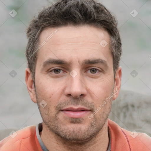 Neutral white adult male with short  brown hair and brown eyes