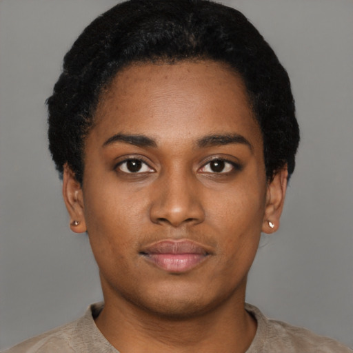 Neutral black young-adult female with short  black hair and brown eyes