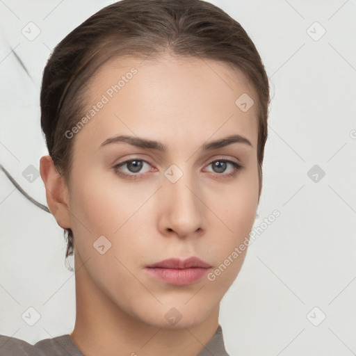 Neutral white young-adult female with short  brown hair and brown eyes