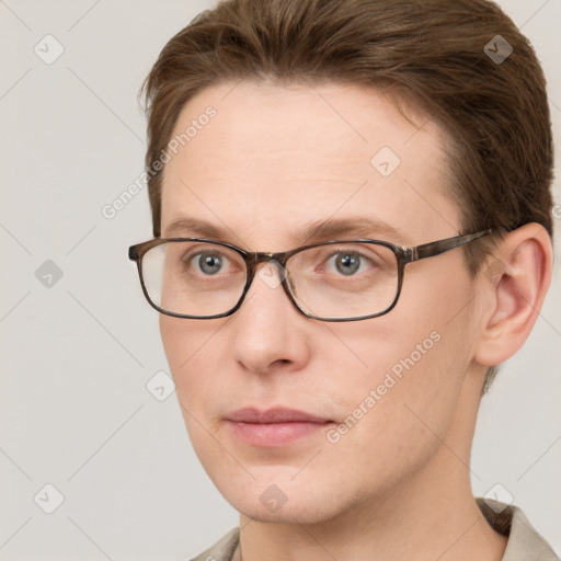 Neutral white young-adult male with short  brown hair and grey eyes