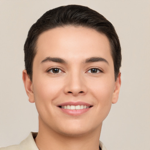 Joyful white young-adult female with short  brown hair and brown eyes