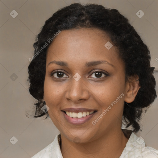 Joyful black young-adult female with medium  brown hair and brown eyes