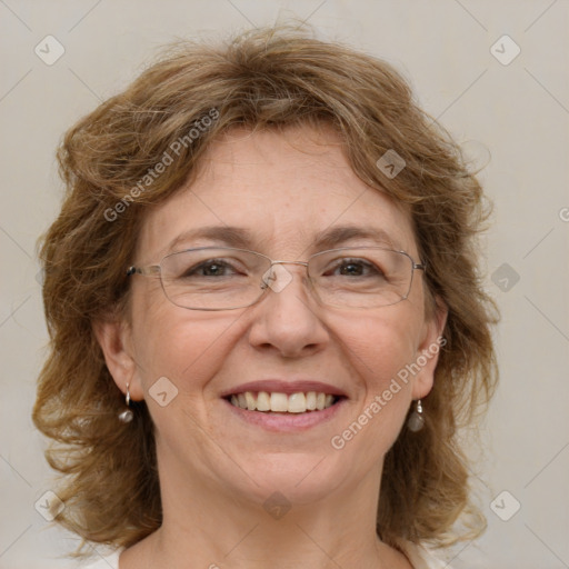 Joyful white adult female with medium  brown hair and blue eyes