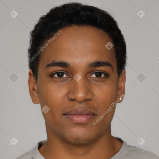 Neutral black young-adult male with short  black hair and brown eyes