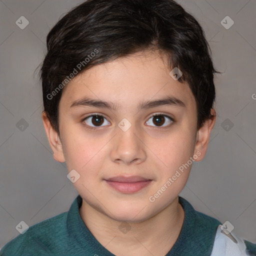 Joyful white child female with medium  brown hair and brown eyes