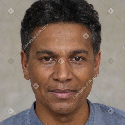 Joyful white adult male with short  black hair and brown eyes