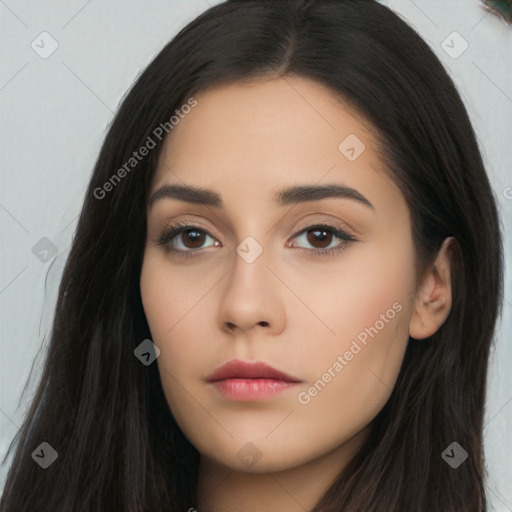 Neutral latino young-adult female with long  black hair and brown eyes